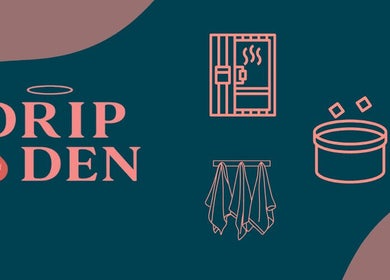 DRIP DEN logo with sauna icon, towels, and hot tub in Hobart, Tasmania, AU.