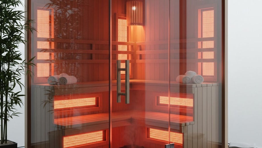 Cozy sauna with glowing infrared lights at DRIP DEN in Hobart, Tasmania, AU, offering tranquility and warmth.