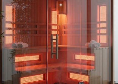 Cozy sauna with glowing infrared lights at DRIP DEN in Hobart, Tasmania, AU, offering tranquility and warmth.