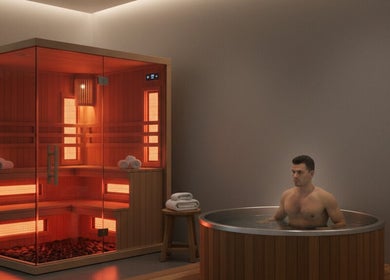 Man relaxing in sauna and hot tub at DRIP DEN, Hobart, Tasmania, AU, experiencing ultimate wellness.