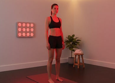 Woman enjoying red light therapy at DRIP DEN, Hobart, Tasmania, AU for wellness and relaxation.