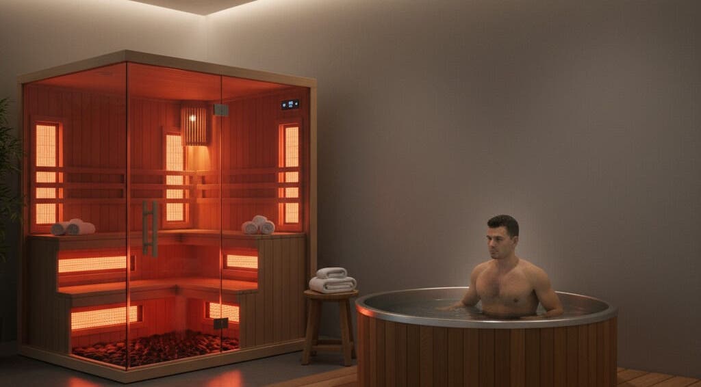 Man enjoys sauna and hot tub relaxation at DRIP DEN, Hobart, Tasmania, AU.