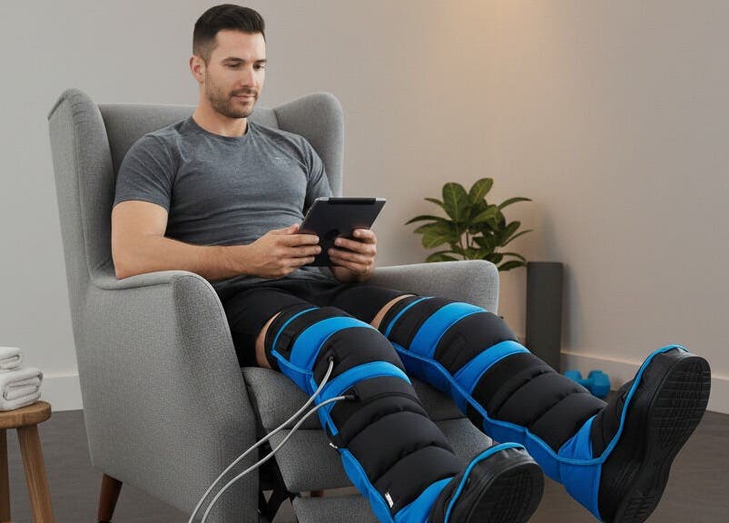 Man enjoying leg compression therapy at DRIP DEN, Hobart, Tasmania, AU. Seated comfortably with a tablet.
