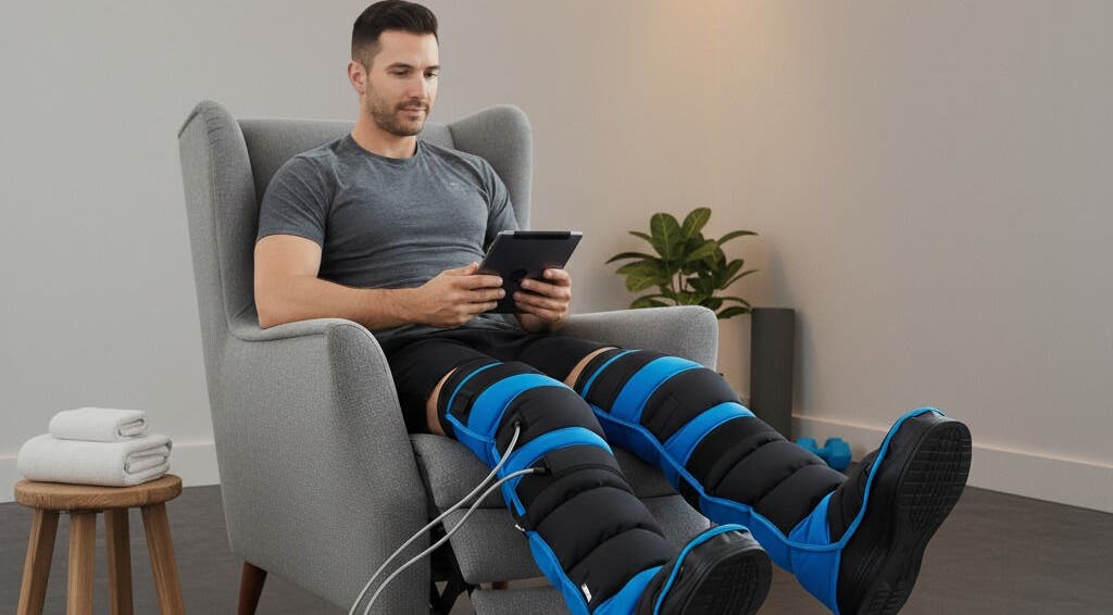 Man enjoying leg compression therapy at DRIP DEN, Hobart, Tasmania, AU. Seated comfortably with a tablet.