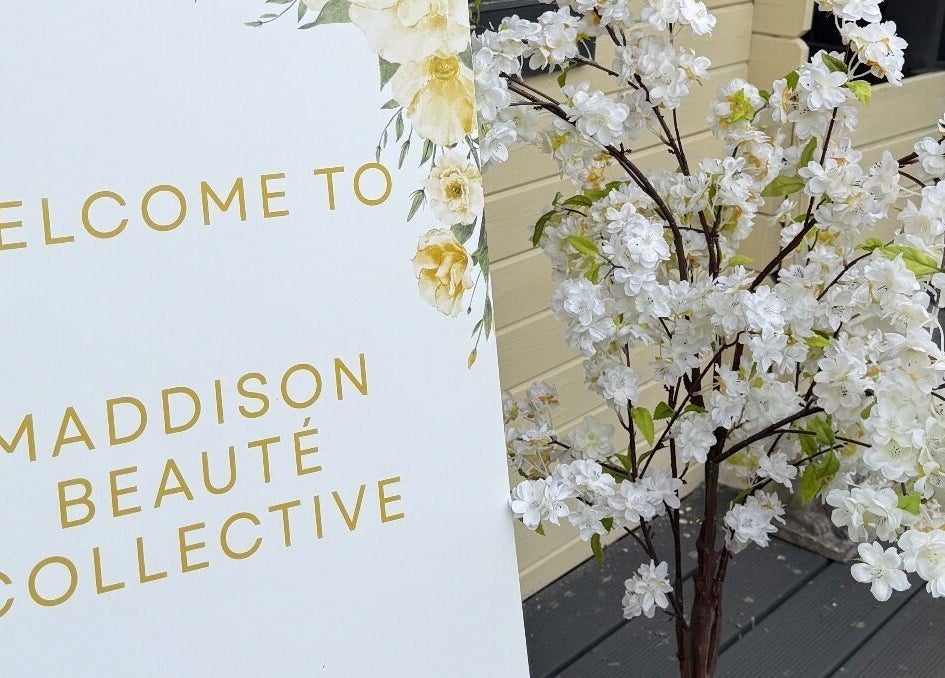 Welcome sign and flowers at Maddison Beauté Collective, Coventry, England, GB.