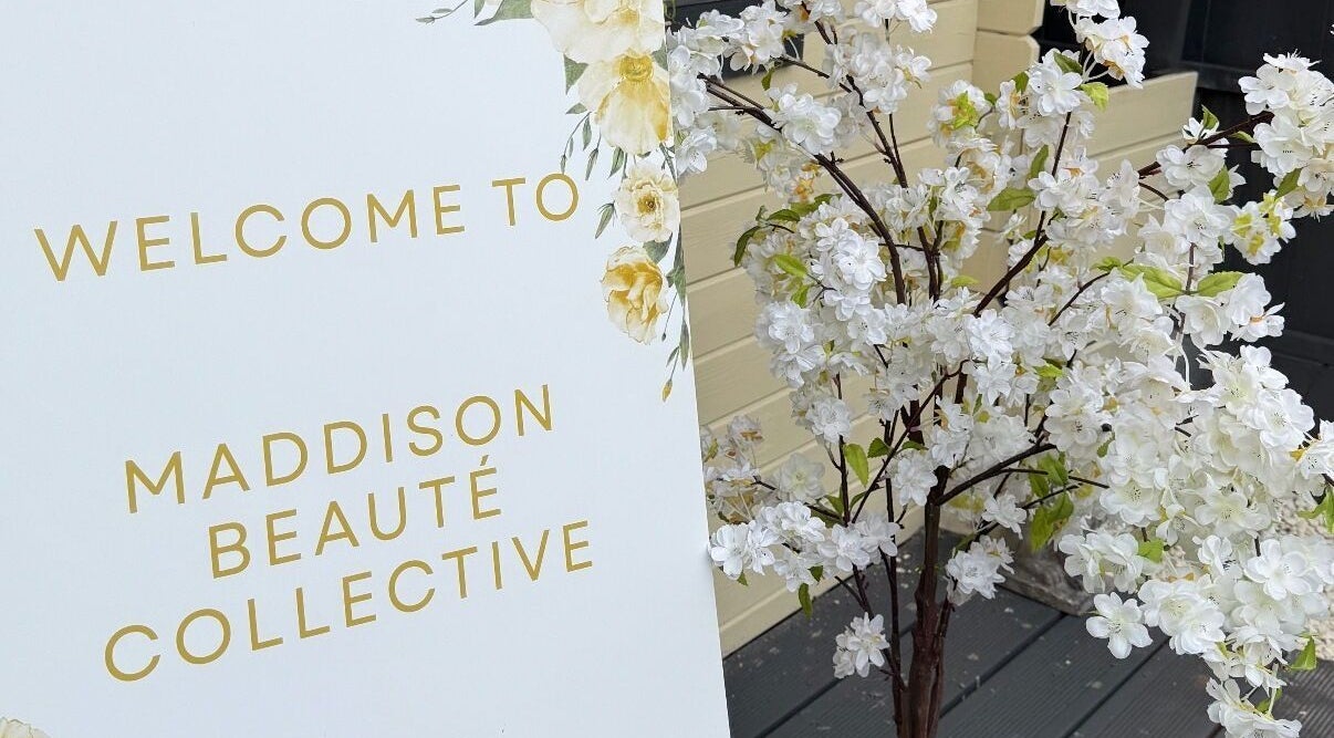 Welcome sign and flowers at Maddison Beauté Collective, Coventry, England, GB.
