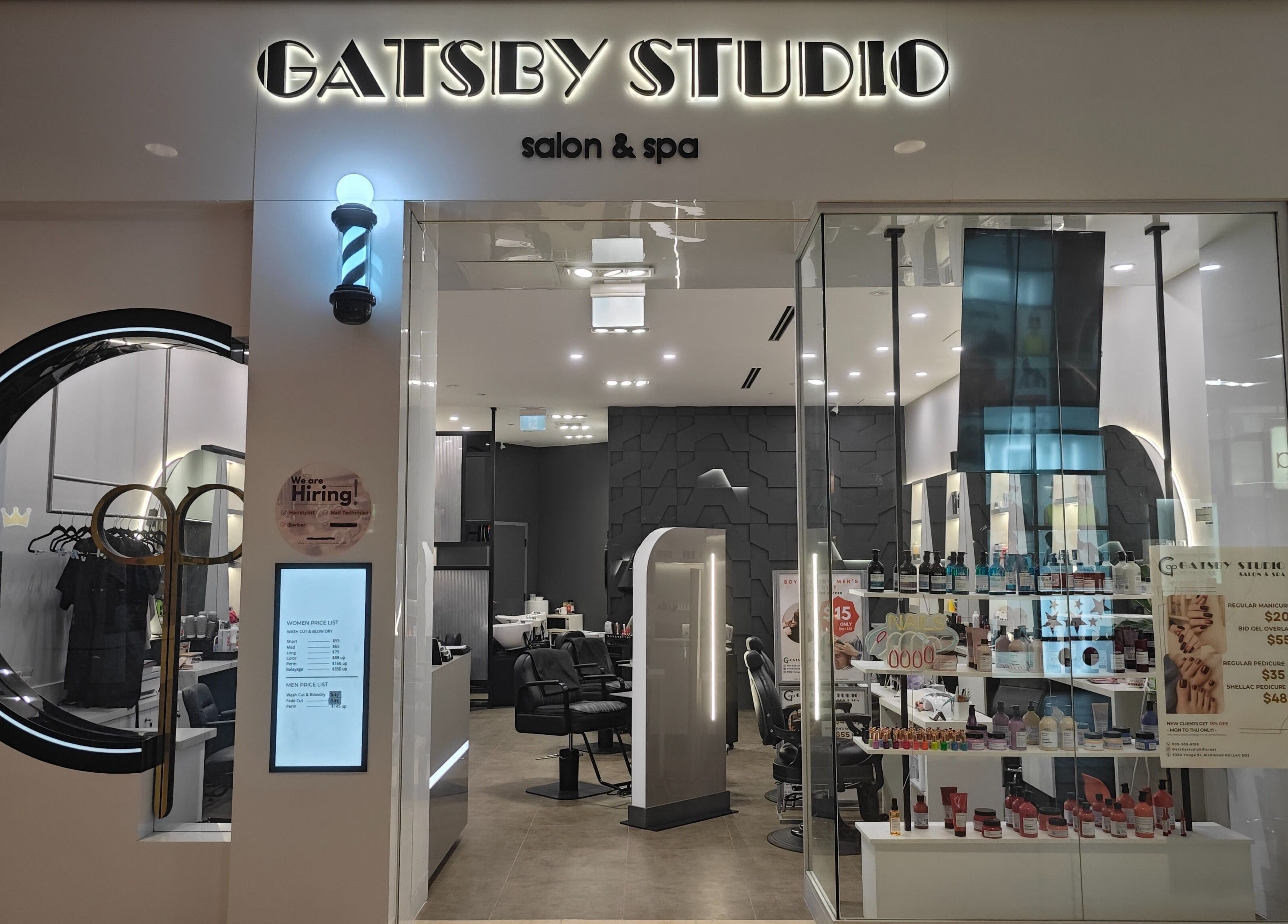 Entrance of Gatsby Studio Salon & Nails in Richmond Hill, Ontario, CA showcasing a stylish and modern salon interior.