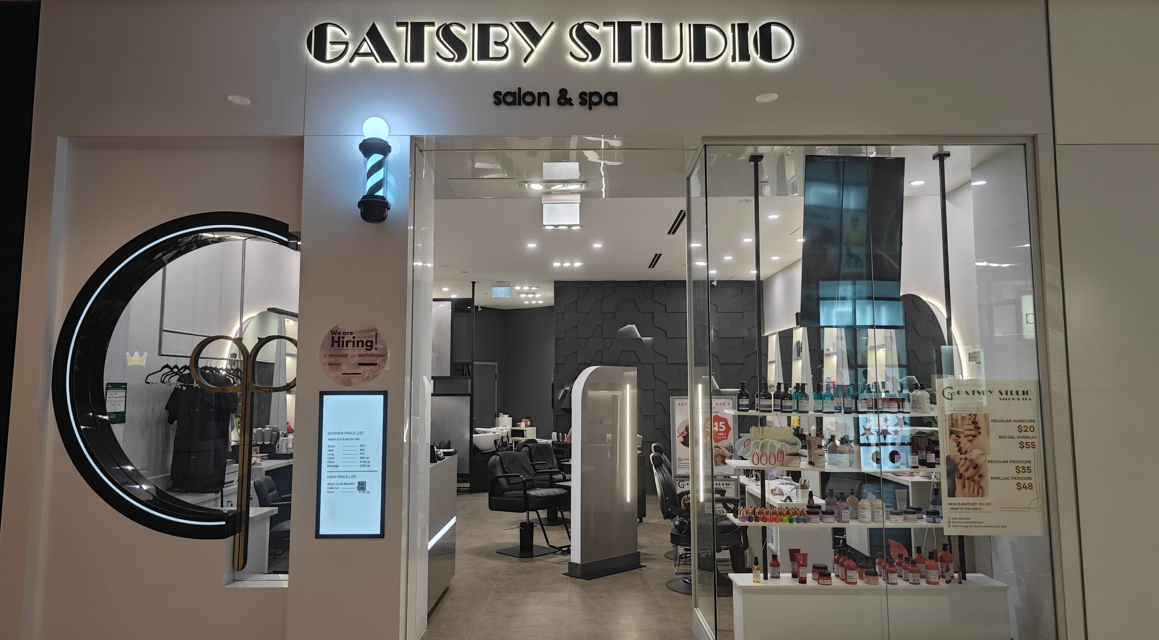 Entrance of Gatsby Studio Salon & Nails in Richmond Hill, Ontario, CA showcasing a stylish and modern salon interior.