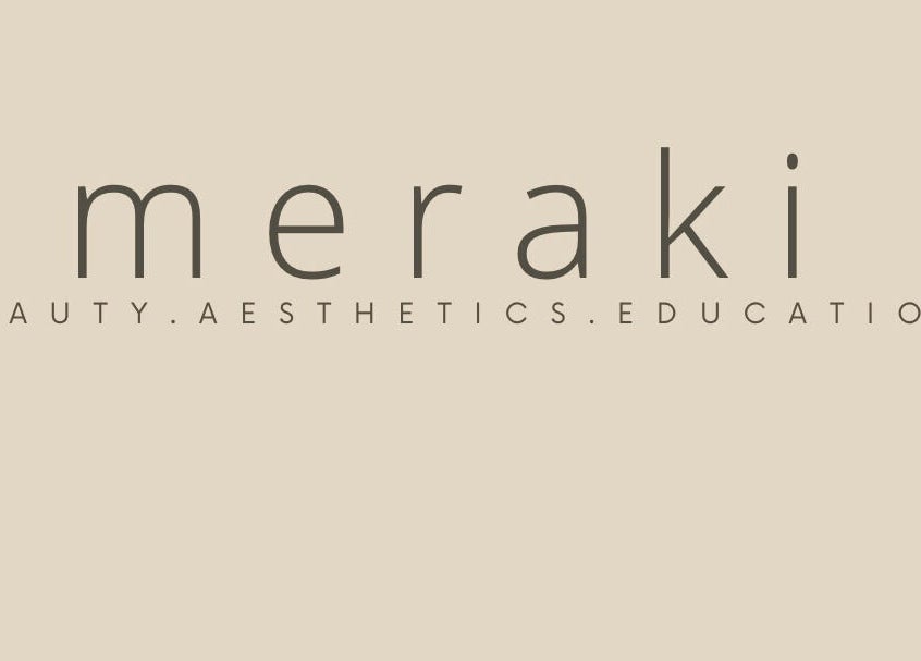 Meraki Skincare Aesthetics Education logo in Bristol, England, GB on a beige background.