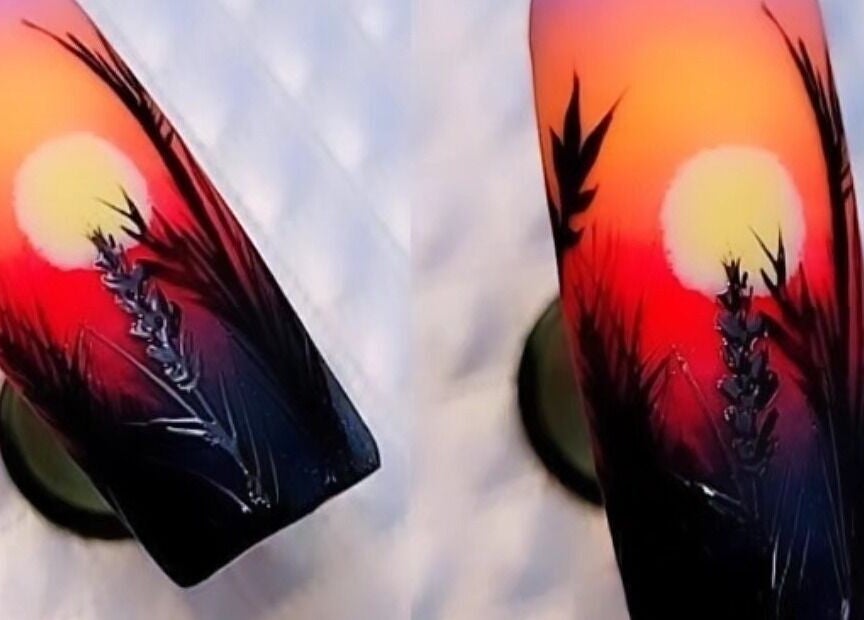 Design d'ongles coucher de soleil exotique chez Patou Nails, Saint-barthélemy, Auvergne-rhône-alpes, FR.