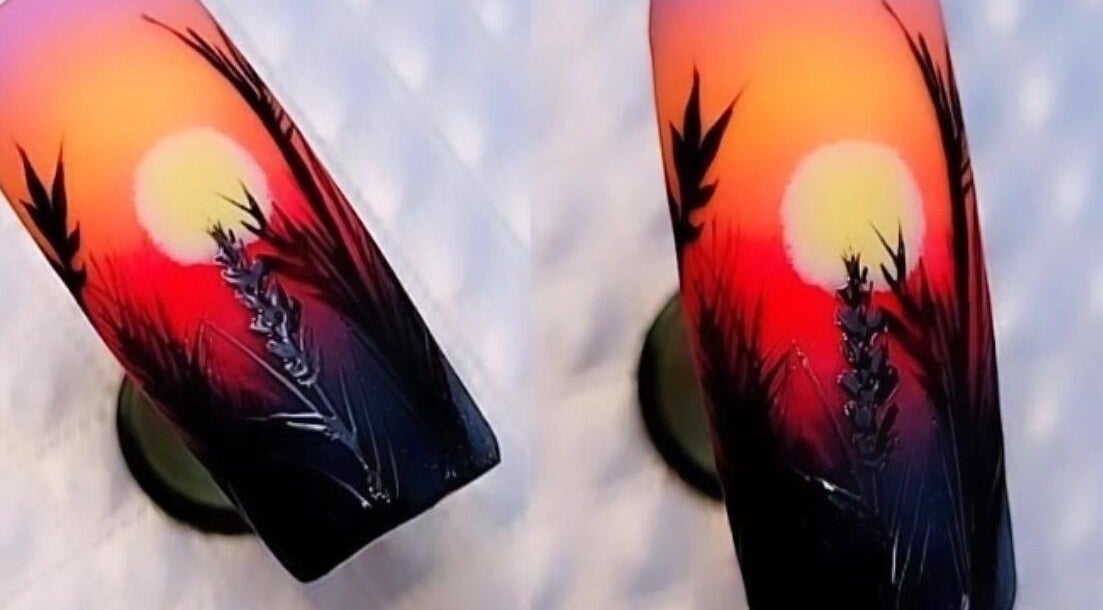 Design d'ongles coucher de soleil exotique chez Patou Nails, Saint-barthélemy, Auvergne-rhône-alpes, FR.