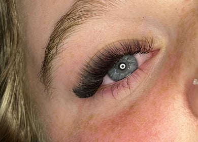 Closeup of expertly applied false eyelashes at Lashes by Lydia, Pickering, England, GB.