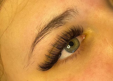 Close-up of expertly applied eyelash extensions at Lashes by Lydia, Pickering, England, GB.