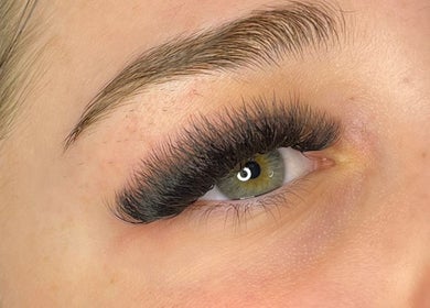 Close-up of voluminous eyelash extensions at Lashes by Lydia, Pickering, England, GB.