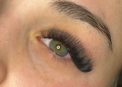 Close-up of eyelash extensions by Lashes by Lydia, enhancing the eye in Pickering, England, GB.