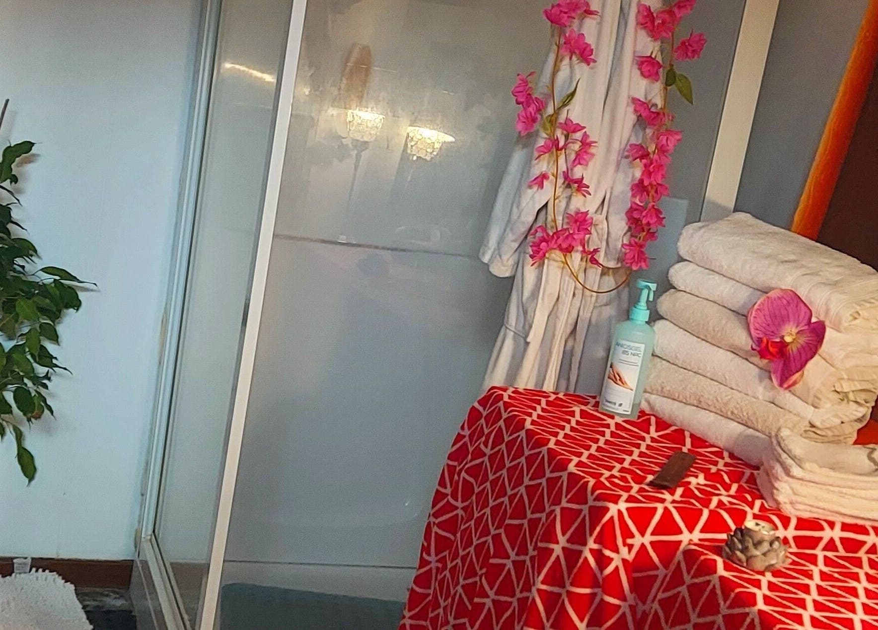 Wellnesshoek bij Massagesalon Nostalgia in Alken, BE. Handdoeken en plant voor ontspanning.