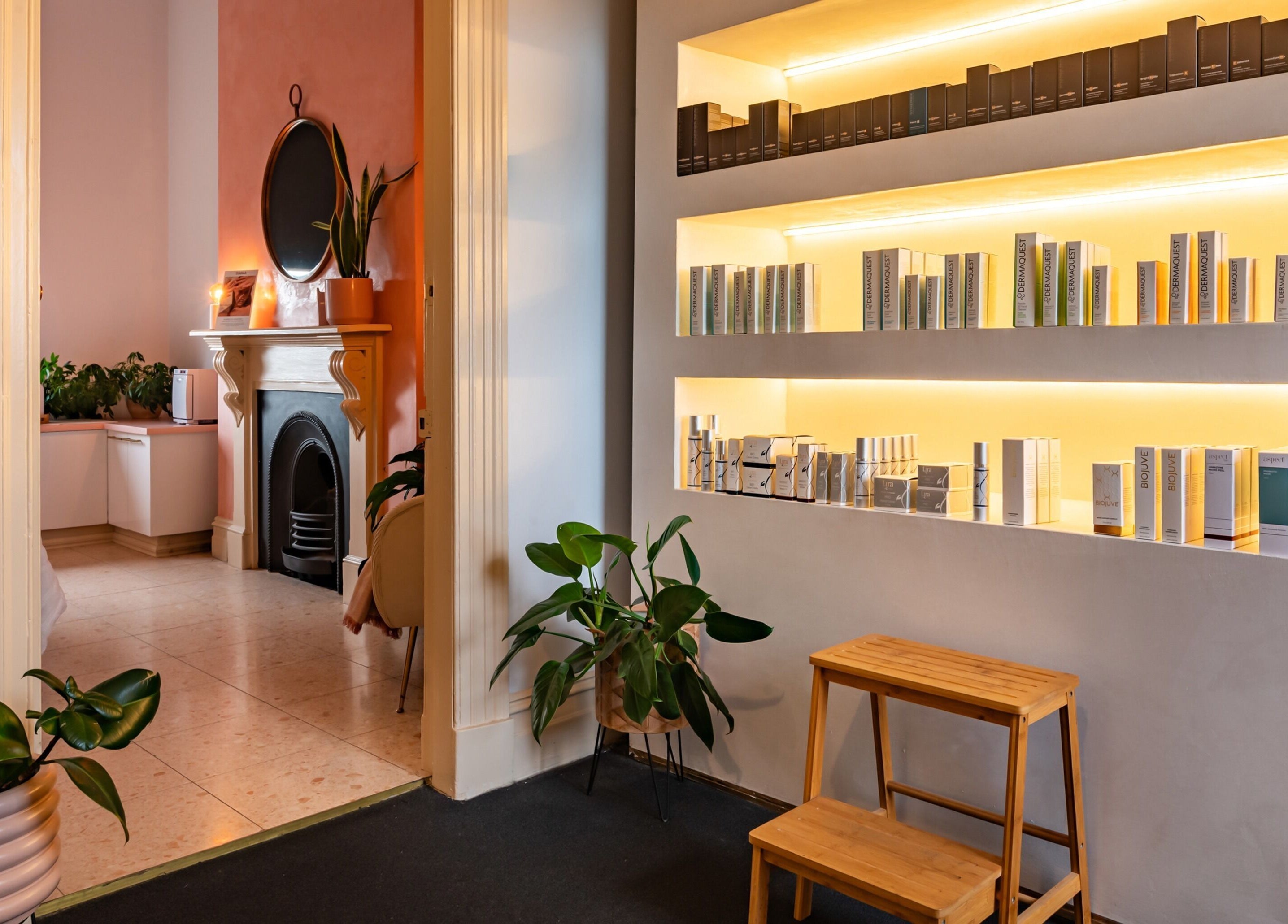 Serene interior of Me Skin and Body in Melbourne, Victoria, AU, showcasing products and warm ambiance.