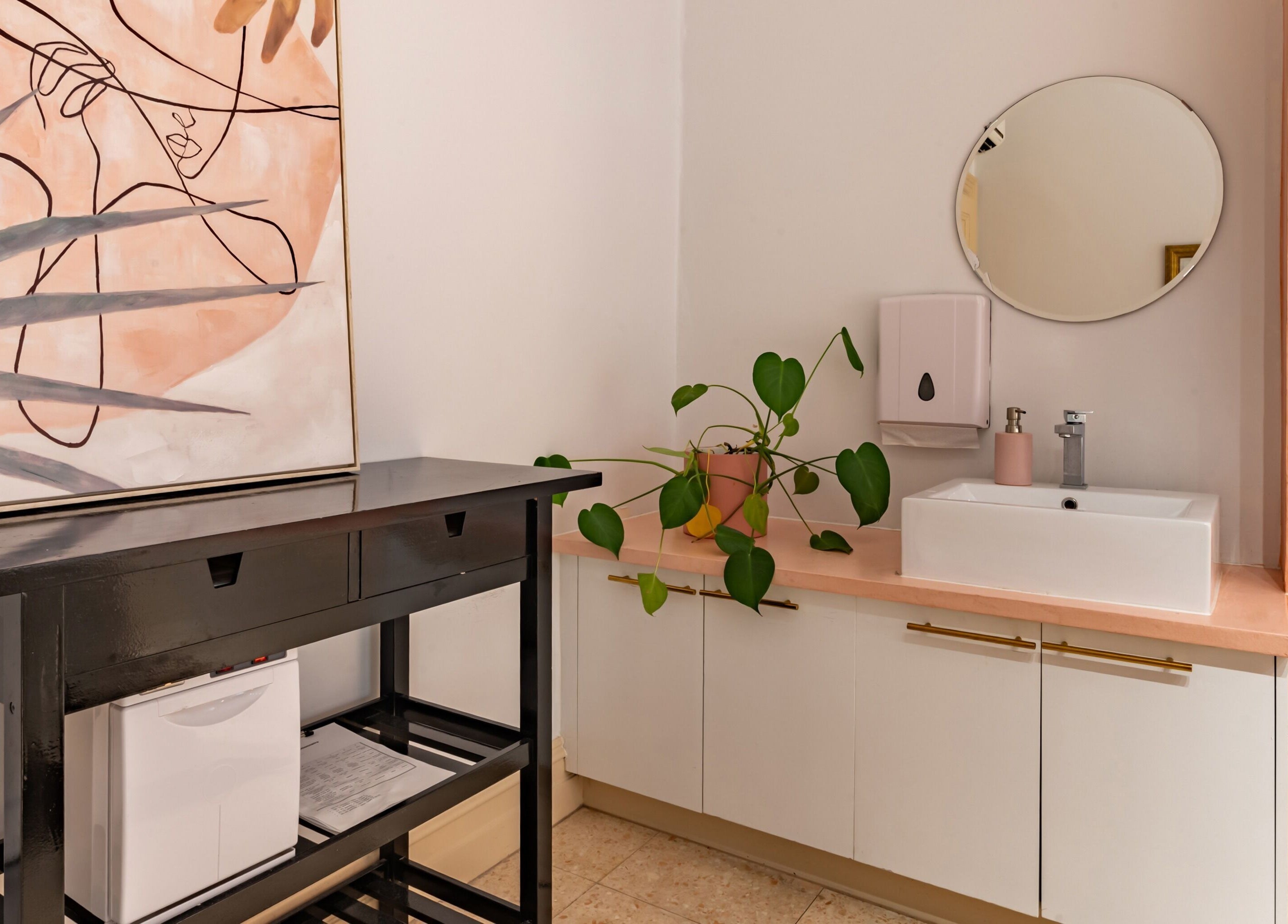 Chic interior with art and plants at Me Skin and Body, Melbourne, Victoria, AU.