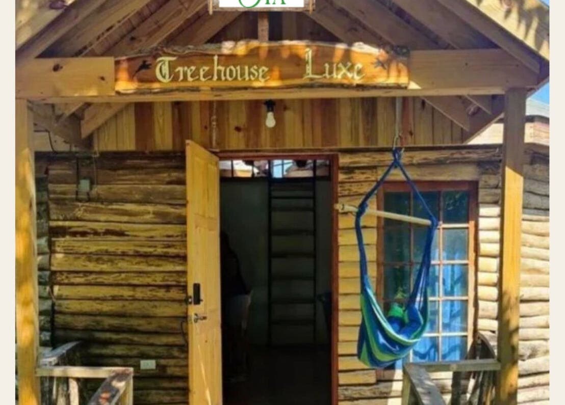 Edenic Artistry Spa @ Tree House Luxe entrance in St ann, JM showcasing wood cabin and hammock.