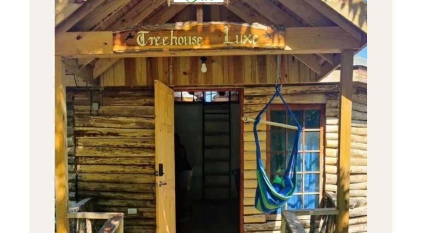 Edenic Artistry Spa @ Tree House Luxe entrance in St ann, JM showcasing wood cabin and hammock.