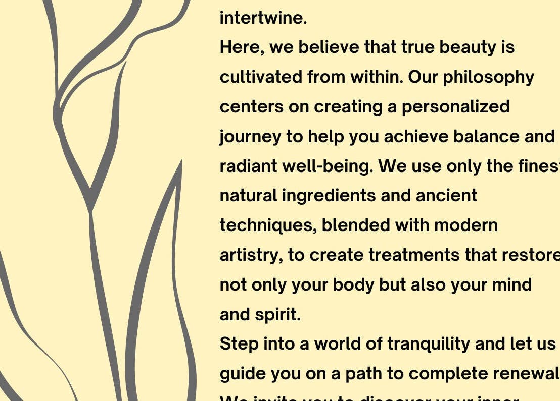 Philosophy text of Edenic Artistry Spa at Tree House Luxe, St ann, JM, highlighting balance and well-being.