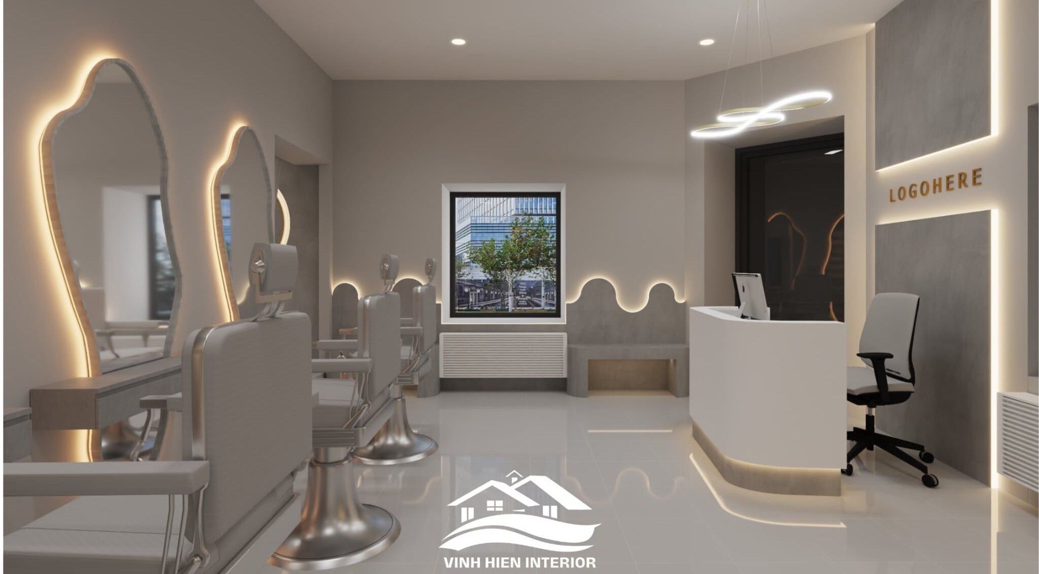 Nội thất sáng tạo tại LA Studio Kladno, Kladno, Středočeský Kraj, CZ, với gương sáng và ghế salon hiện đại.