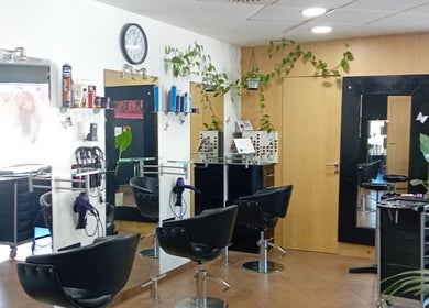 Interior moderno de Perruqueria Sant Jordi en Vilanova I La Geltrú, Cataluña, ES con sillas y plantas decorativas.