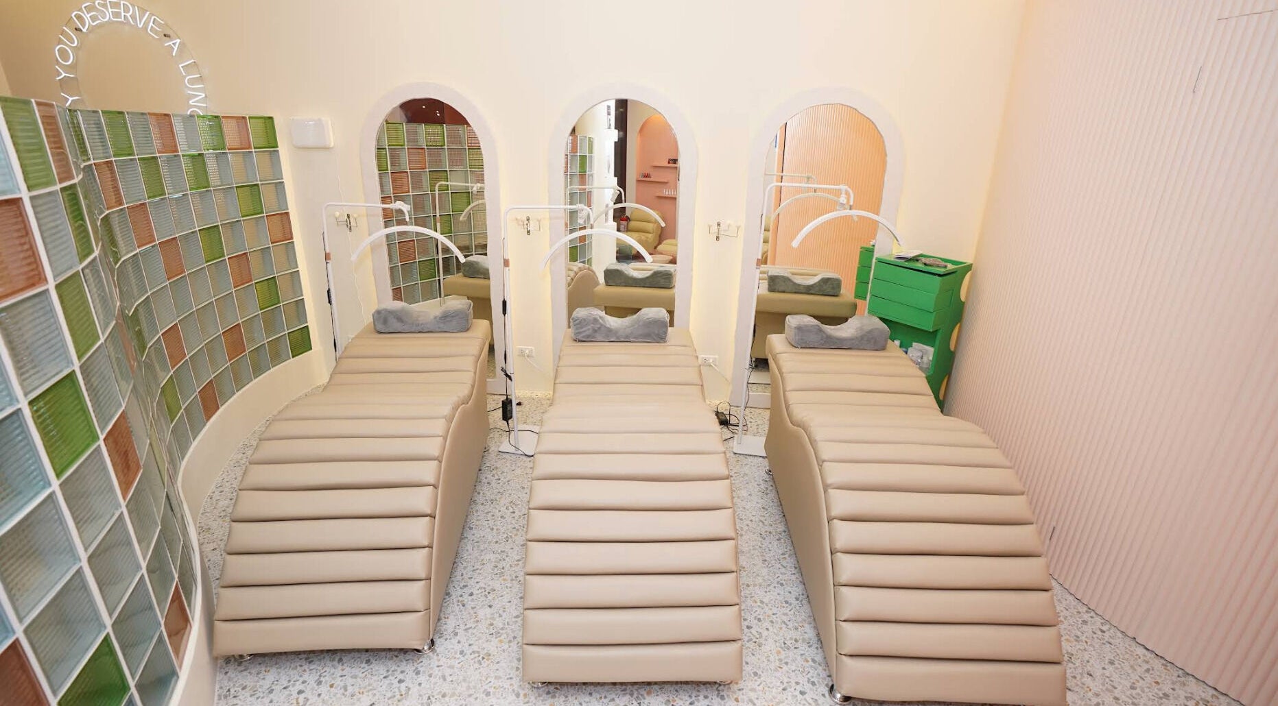 Relaxation beds in Lunch Break Beauty spa, Makati, Metro Manila, PH with stylish decor and soft lighting.