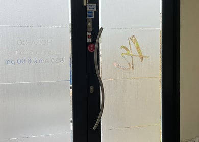 Entrance door of Advance Esthetic in San Lorenzo, San Lorenzo, PR with glass and curved handle.