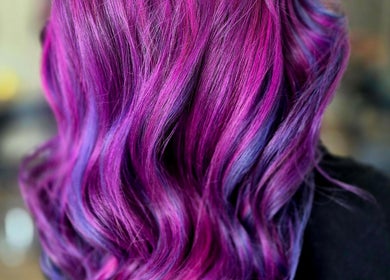 Vibrant violet and blue hair styled at Hair by Clementine, Rotorua, Bay Of Plenty Region, NZ.