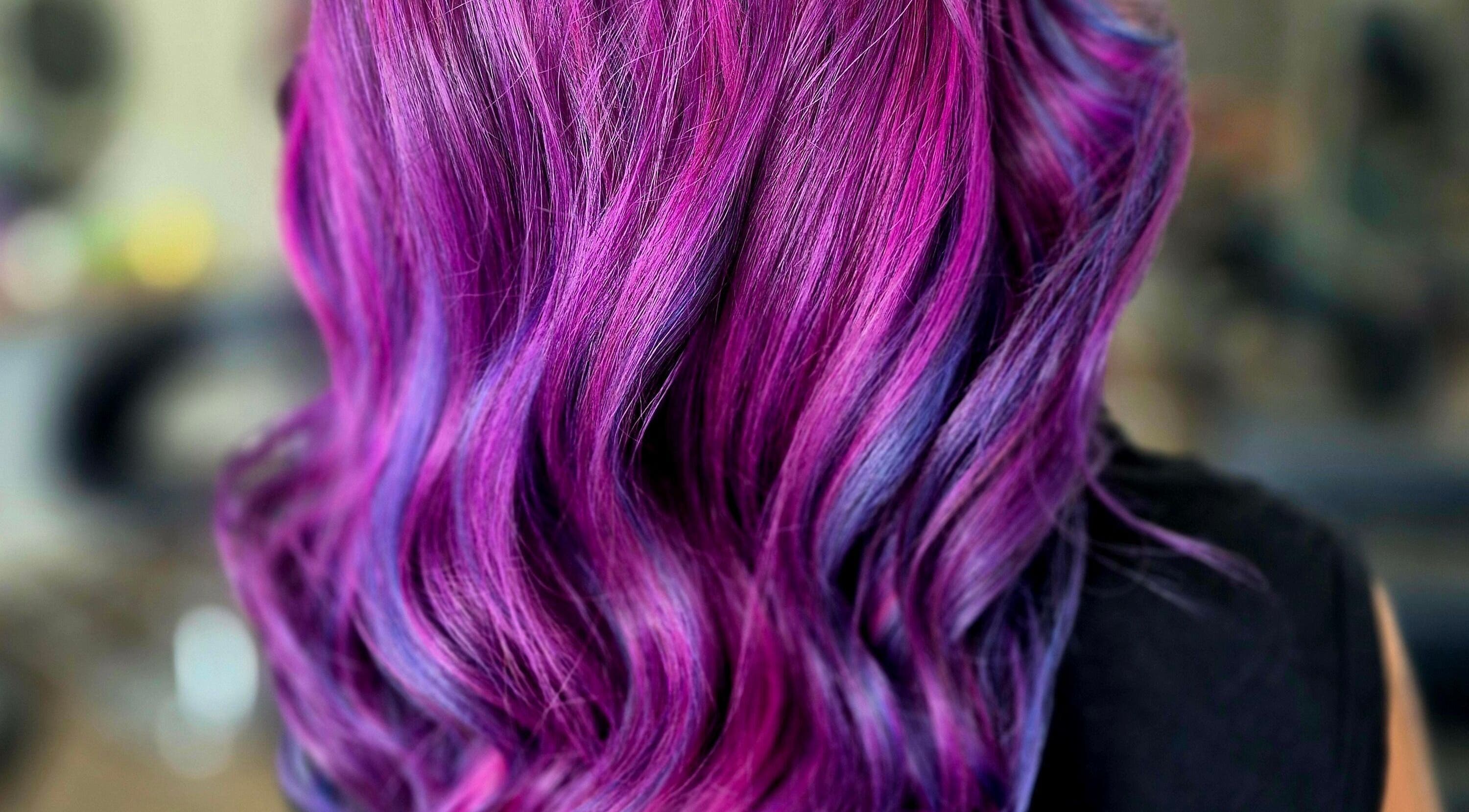 Vibrant violet and blue hair styled at Hair by Clementine, Rotorua, Bay Of Plenty Region, NZ.