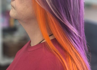 Colorful purple and orange hairstyle at Hair by Clementine, Rotorua, Bay Of Plenty Region, NZ.