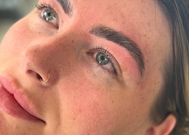 Close-up of expertly shaped eyebrows at The Brow & Lash Lab ByElle, Edinburgh, Scotland, GB.