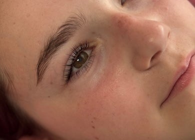 Close-up of well-groomed lashes and brows at The Brow & Lash Lab ByElle, Edinburgh, Scotland, GB.