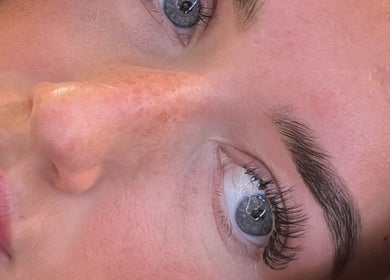 Close-up of expertly styled lashes and brows at The Brow & Lash Lab ByElle, Edinburgh, Scotland, GB.