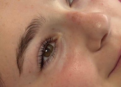 Close-up of a client's flawless lash and brow treatment at The Brow & Lash Lab ByElle, Edinburgh, Scotland, GB.