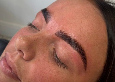 Close-up of perfectly shaped brows after treatment at The Brow & Lash Lab ByElle, Edinburgh, Scotland, GB.