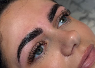 Close-up of styled brows and lashes at The Brow & Lash Lab By Elle, Edinburgh, Scotland, GB.