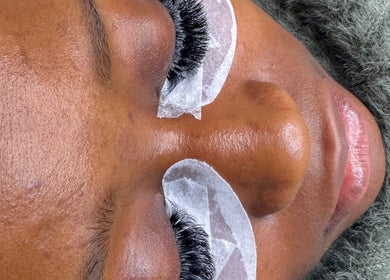 Close-up of a client's eyelashes with protective pads at Lash Studio By Jenny, Bertram, Western Australia, AU.