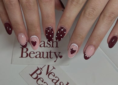 Beautiful heart-themed nail art at Neash Beauty, Kiama, New South Wales, AU.