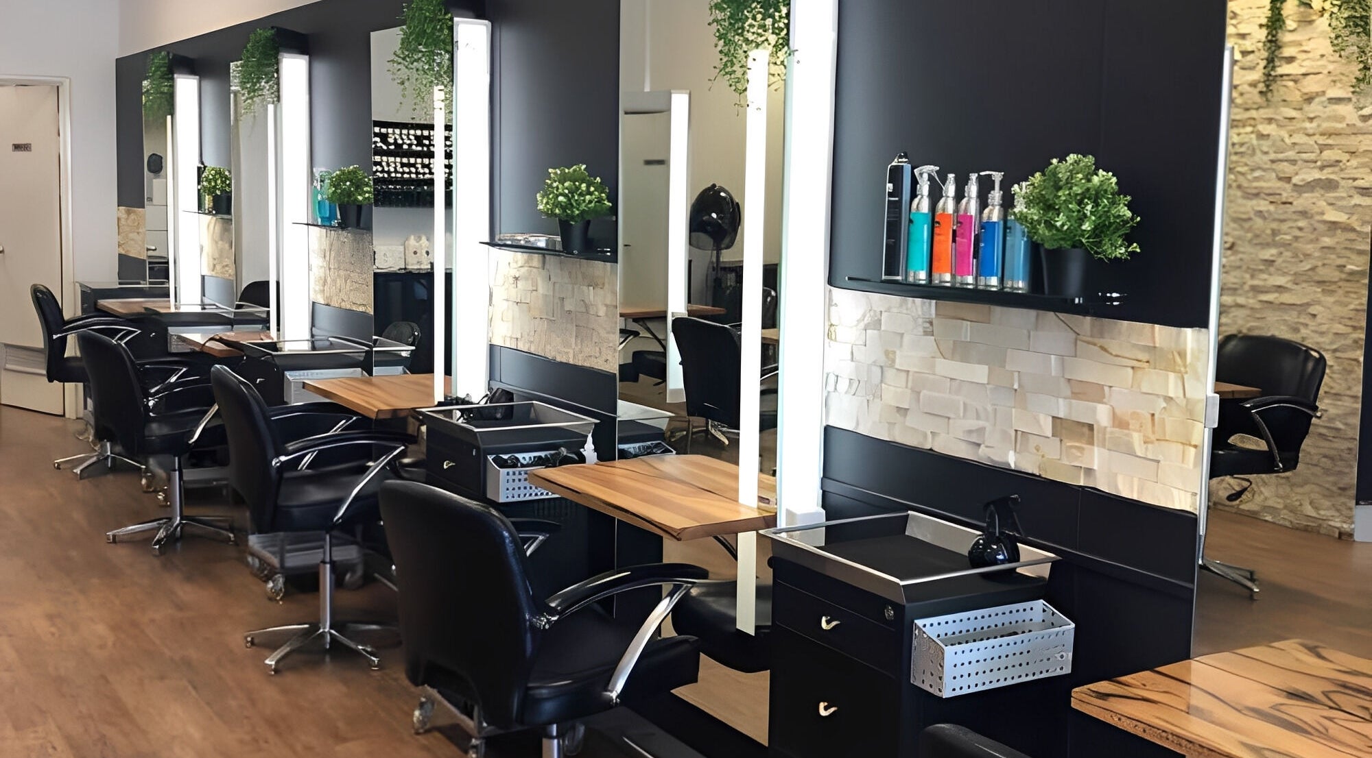 Modern salon interior with styling stations at Studio 6 Hair Creations, Port Kennedy, Western Australia, AU.
