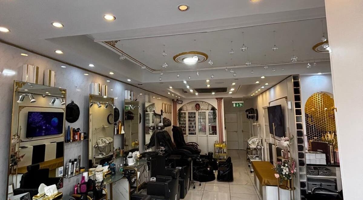 Elegant interior of Inspiration Nail, Hair and Beauty salon in Isleworth, England, GB, showcasing modern decor.