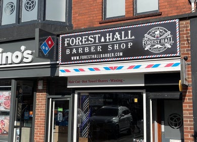 Entrance of Ultimate Crown Barber, formerly Foresthall Barber, located in Forest Hall, England, GB.