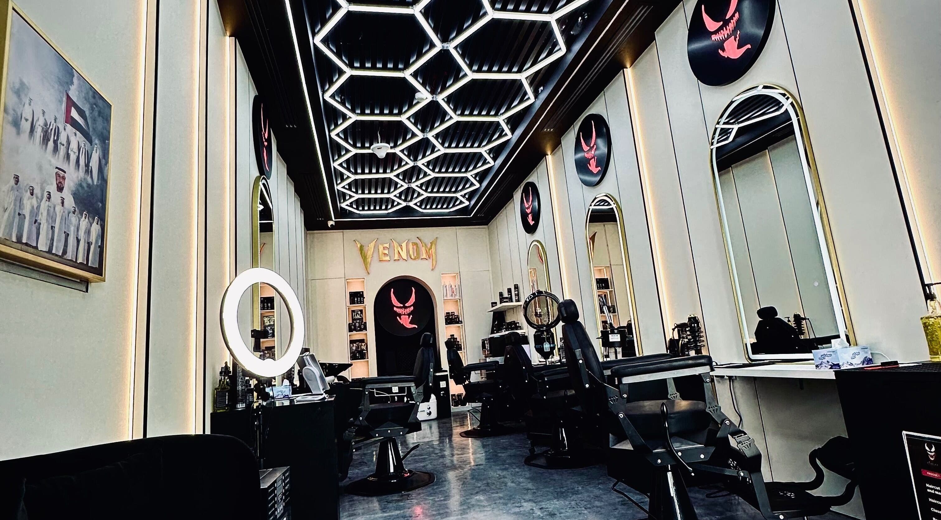 Stylish interior of Venom Salon in Dubai, Dubai, AE, showcasing modern lighting and chic design.