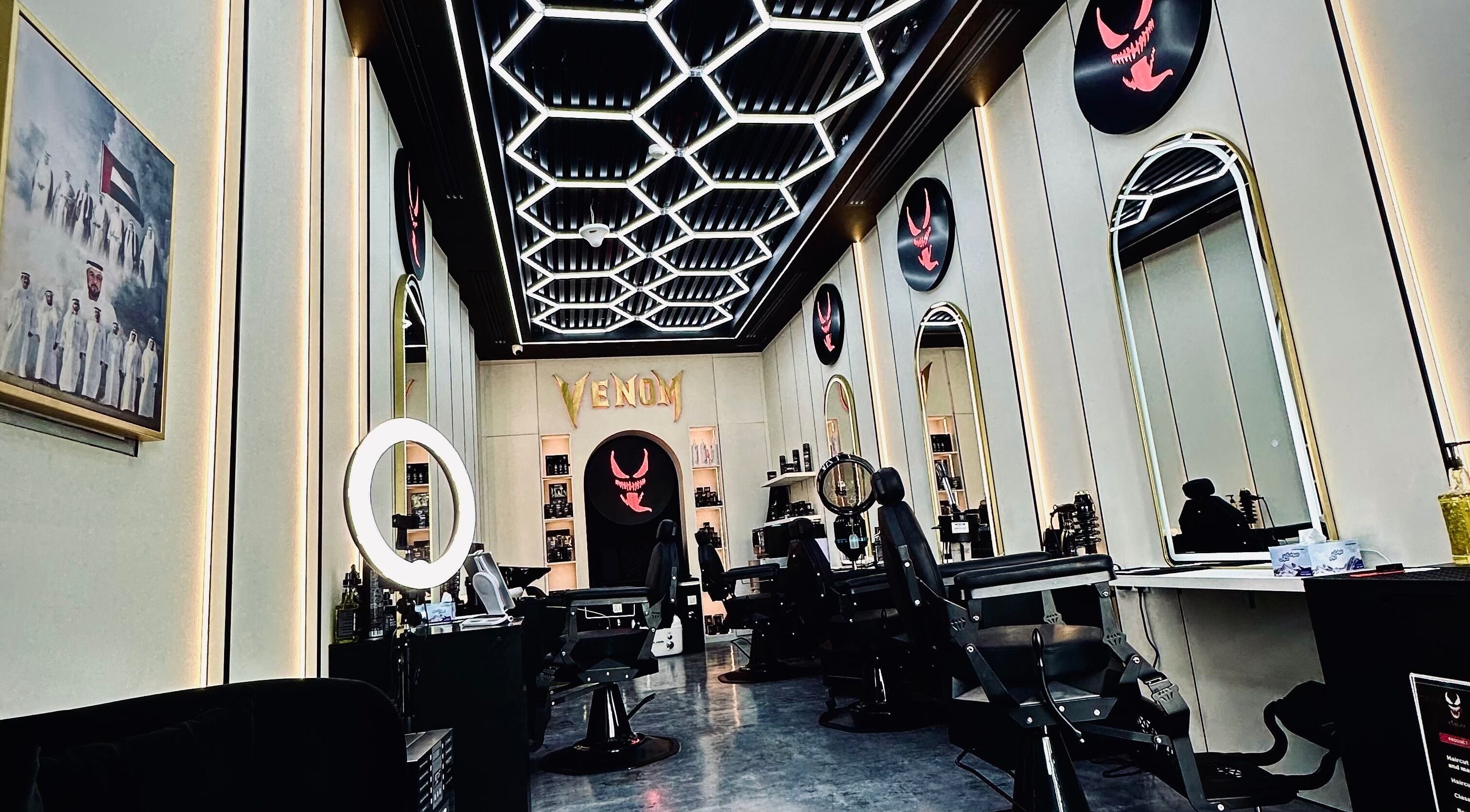 Stylish interior of Venom Salon in Dubai, Dubai, AE, showcasing modern lighting and chic design.