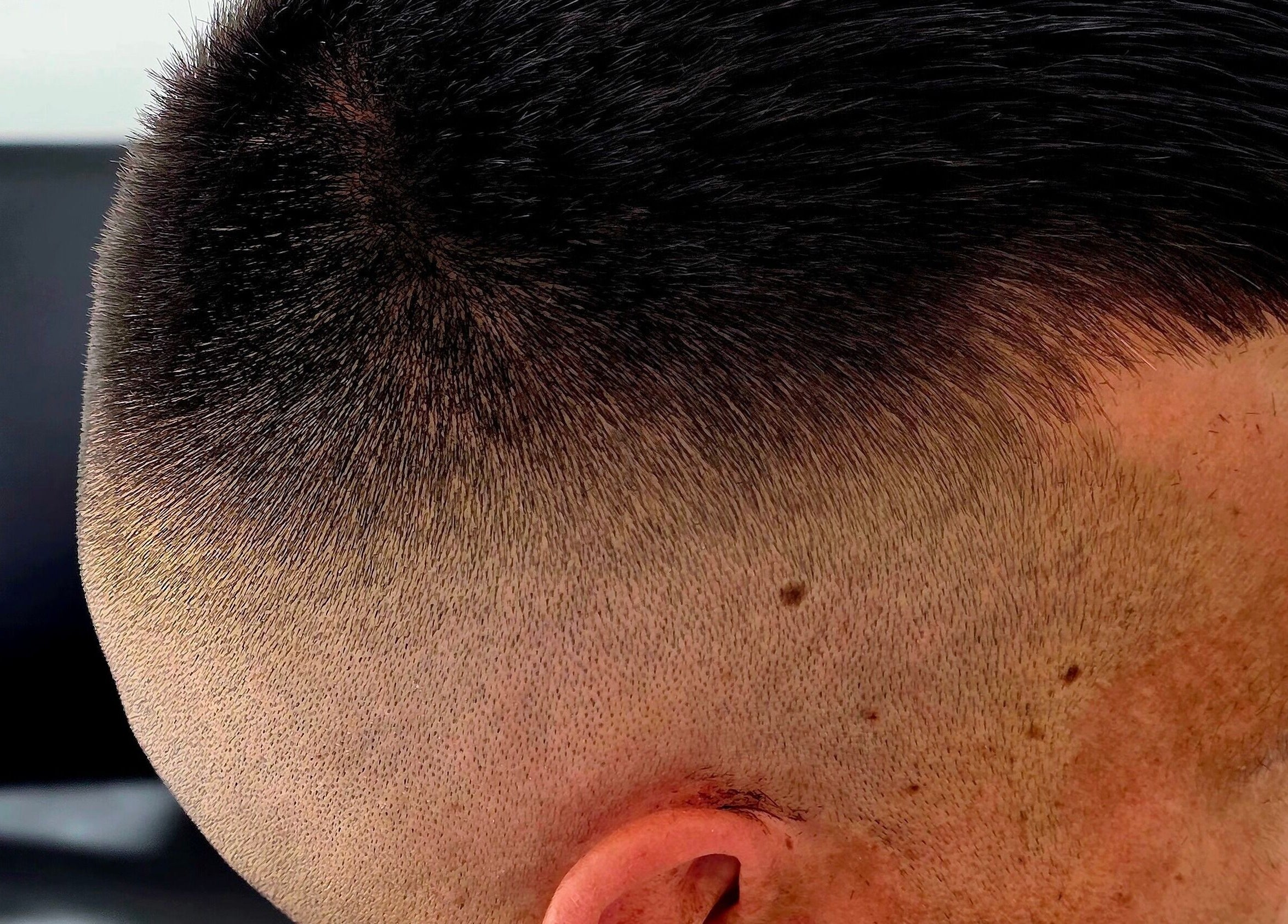 Close-up of a sleek hair fade at Fandvstudio in Macclesfield, England, GB.