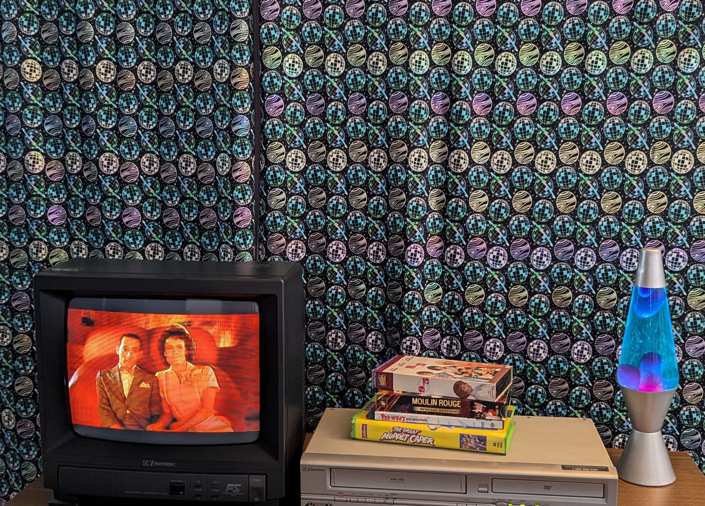 Retro-themed decor at Waxed Fruit Studio LLC in Endicott, New York, US featuring a vintage TV and lava lamp.