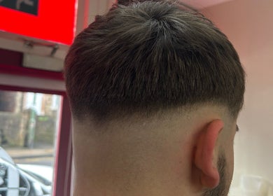 Close-up of a fresh haircut at Eden At Jacks Barbers, Clipstone, England, GB.