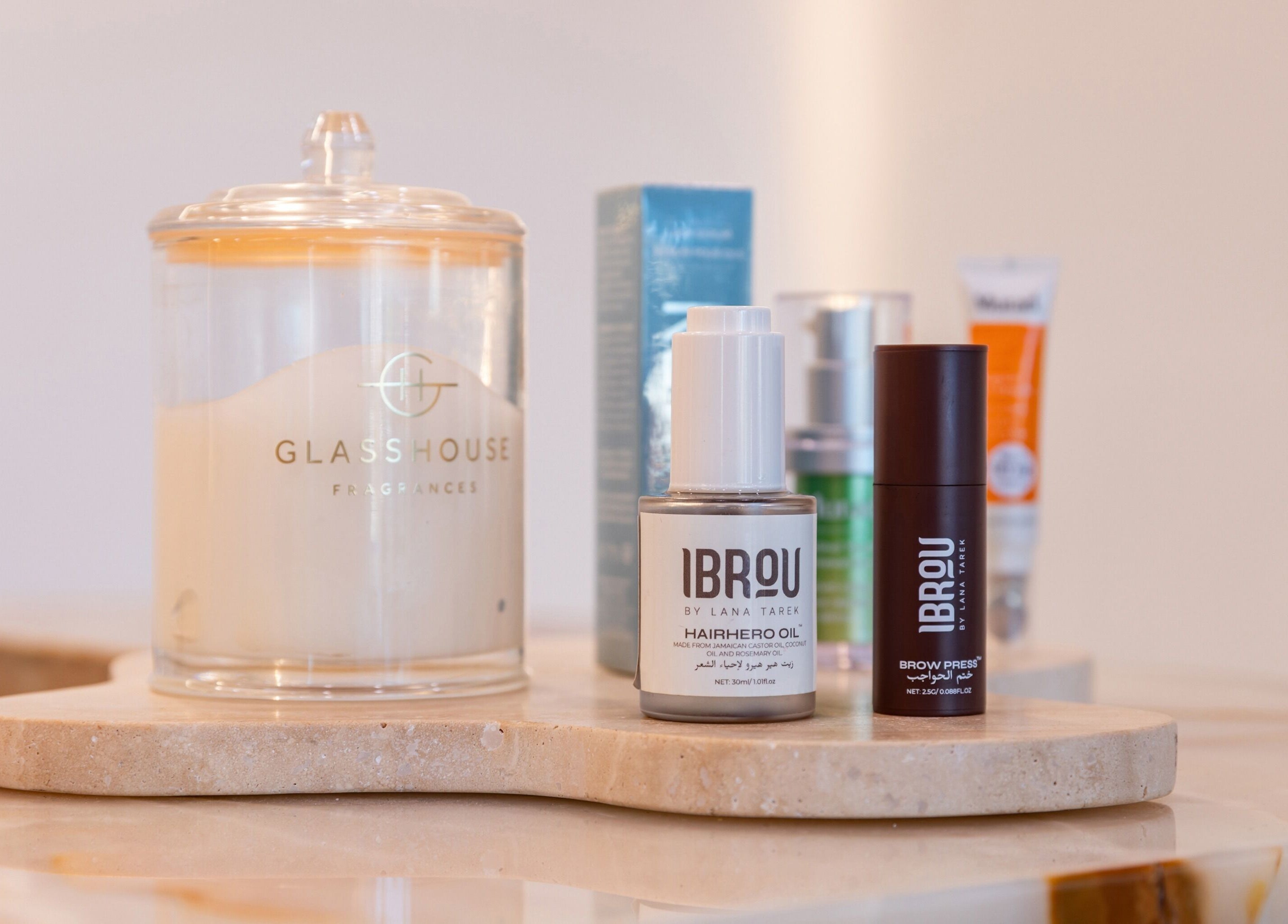 Beauty products displayed at Lana Tarek Eyebrow Specialists, Ashfield, New South Wales, AU.