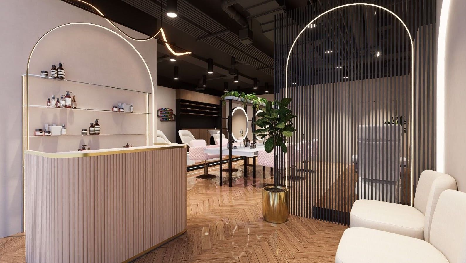 Chic interior of Nisantasi Ladies Salon LLC, Dubai, AE showcasing modern decor and plush seating.